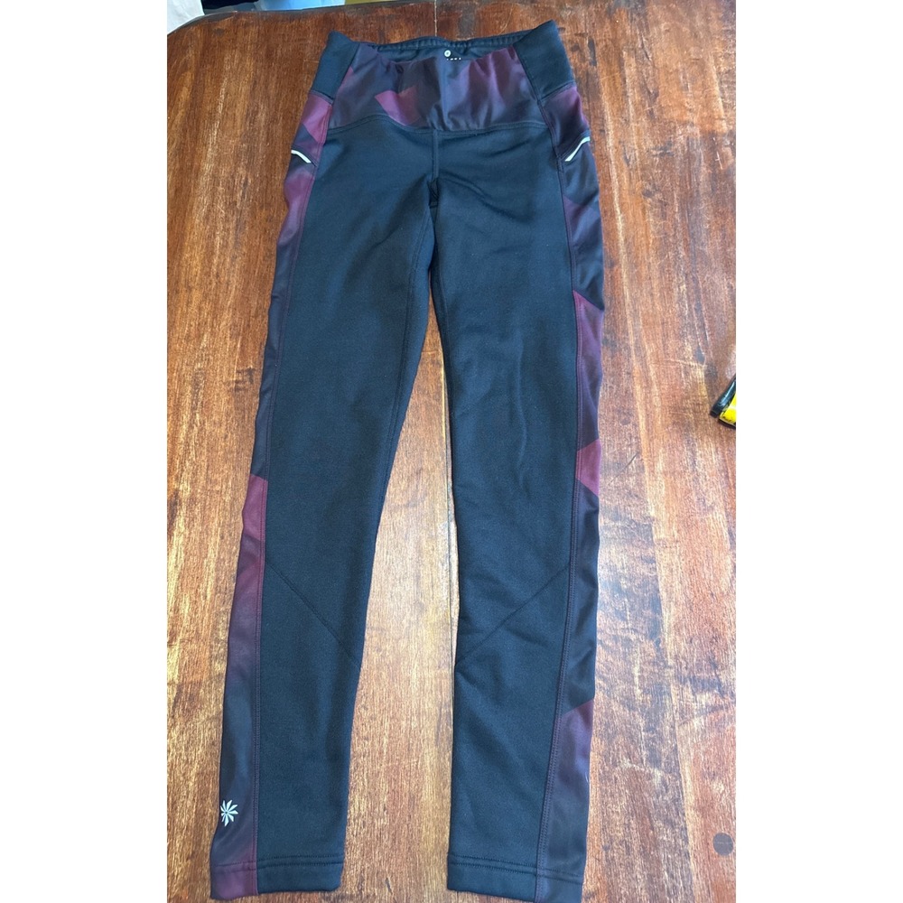 Athleta Leggings Women XS Black Burgundy Geometric Zip Pocket Reflective Running